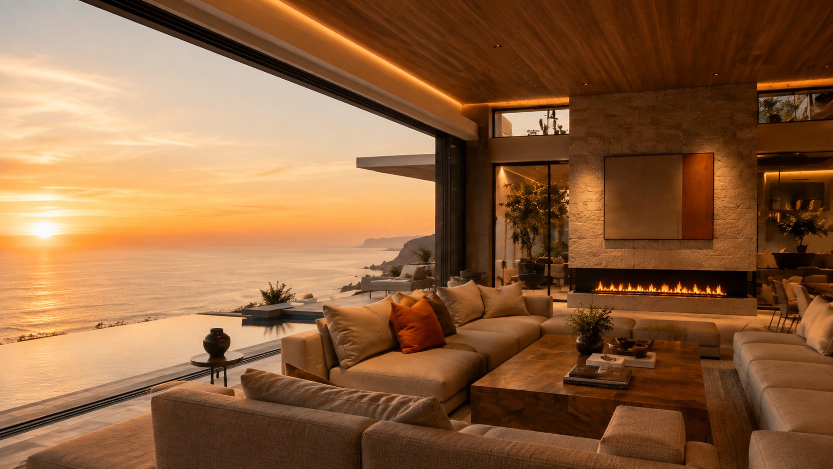 Residencia de lujo con vista al mar al atardecer